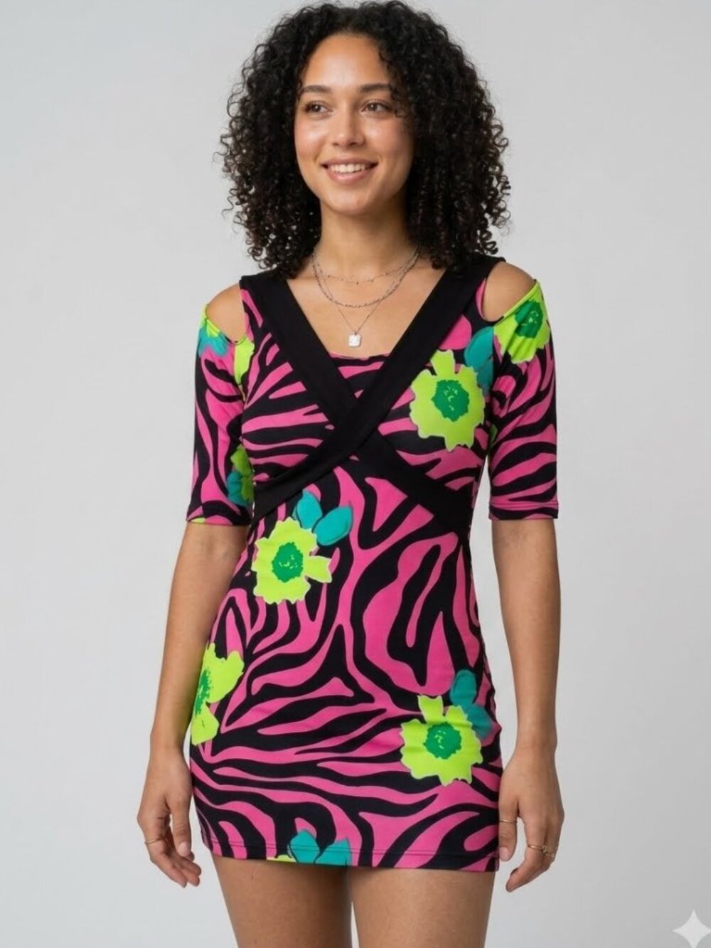 True Light Neon Zebra Print Floral Mini Dress Size Medium